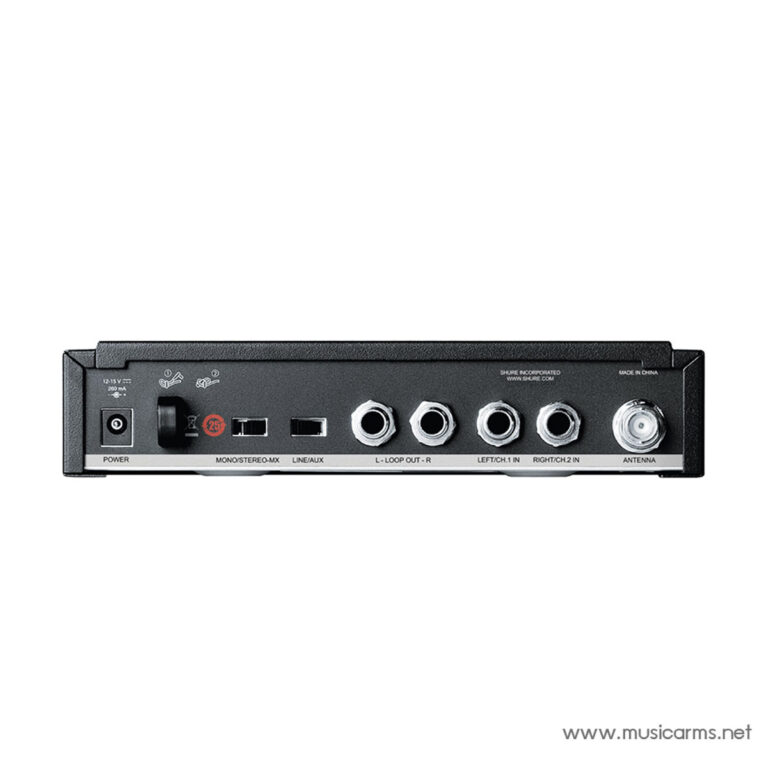 Rear panel of a black audio interface showing power switch, two USB/line ports, four 1/4-inch jacks labeled for audio inputs/outputs, and an antenna connector (brand markings visible). ขายราคาพิเศษ