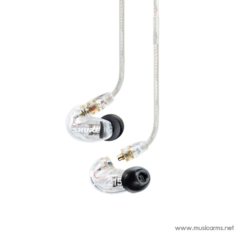 Clear-earbud in-ear monitors (Shure SE215) with detachable braided cable and black foam tips, brand visible on housing. ขายราคาพิเศษ