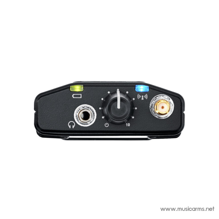 Wireless microphone transmitter front panel with a central control knob and two LED indicators (green and blue) ขายราคาพิเศษ