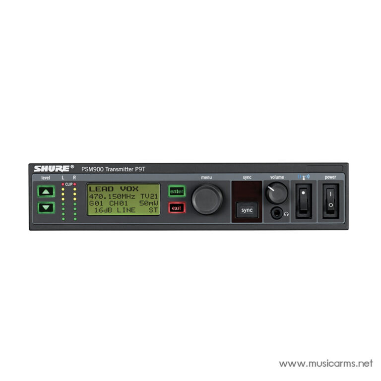 Front panel of a Shure PSM900 Transmitter P9T with LCD screen, green indicators, and control knobs/buttons on a dark bezel ขายราคาพิเศษ
