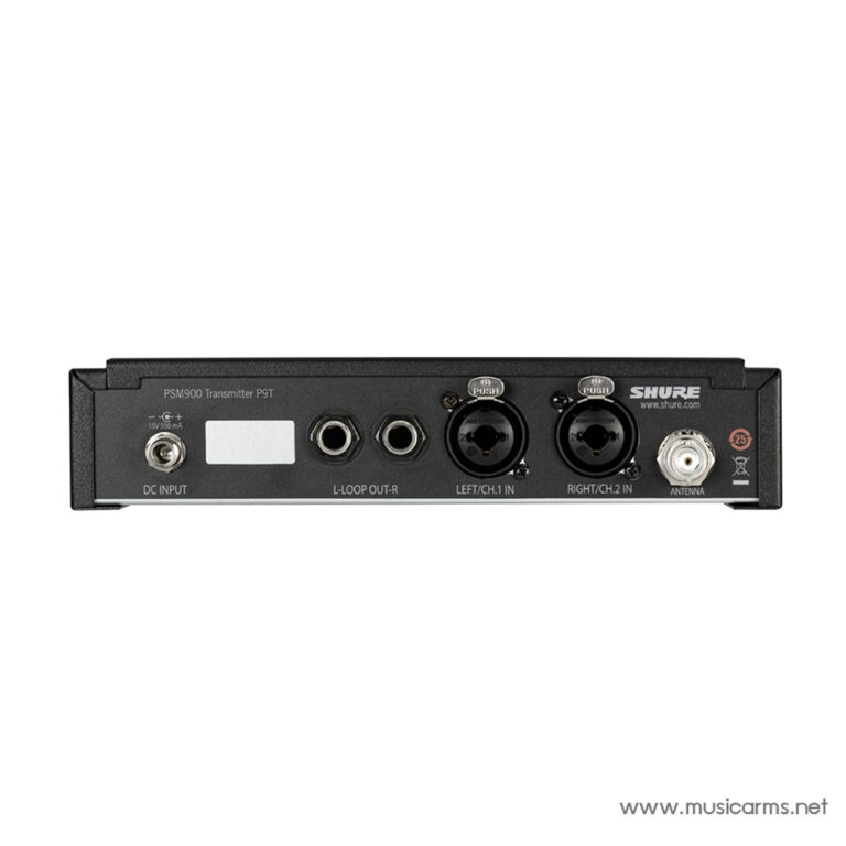 Shure PSM900 transmitter back panel with DC input, L-Loop Out-R, two XLR inputs (Left/CH.1 In and Right/CH.2 In), antenna connector, and brand logo on a dark metal chassis. ขายราคาพิเศษ