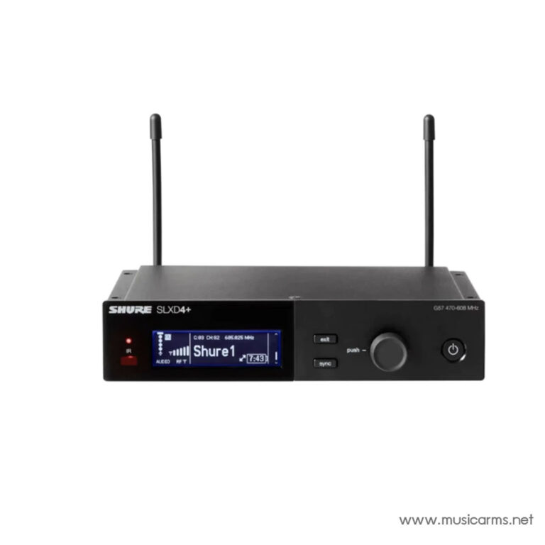 Shure SLXD4+ wireless microphone receiver with two antennas and a blue display showing 'Shure1' ขายราคาพิเศษ
