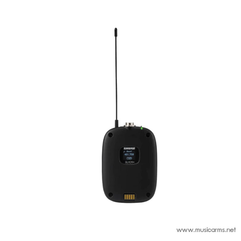Black wireless bodypack transmitter with a long antenna, back view showing LCD screen and battery contacts ขายราคาพิเศษ