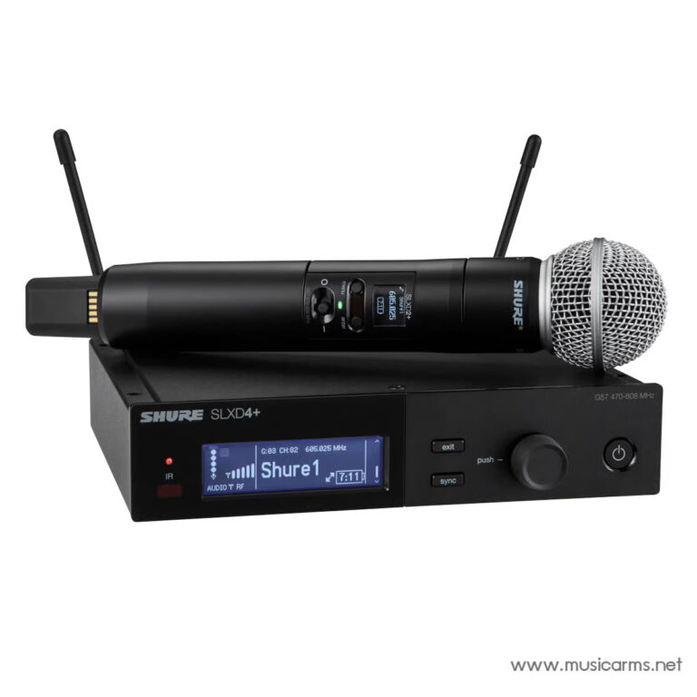 Wireless microphone system: handheld mic resting on a black receiver base with antennas and a blue display panel. ขายราคาพิเศษ