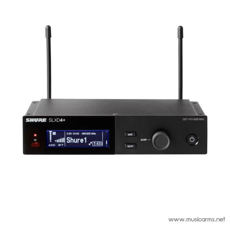 Shure SLXD4+ wireless receiver front with two antennas and a blue LCD display showing 'Shure1' ขายราคาพิเศษ