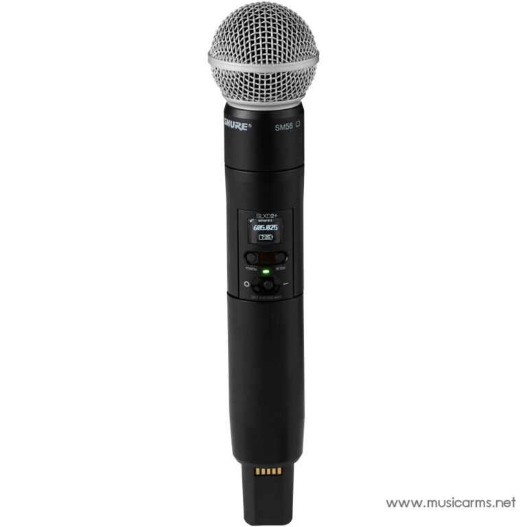 Wireless handheld wireless microphone with metal mesh head and black body, displaying frequency on its digital screen (SLXD2+). Use for live sound. ขายราคาพิเศษ