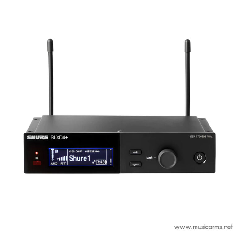 Shure SLXD4+ wireless microphone receiver with two external antennas and a blue display on the front panel. ขายราคาพิเศษ