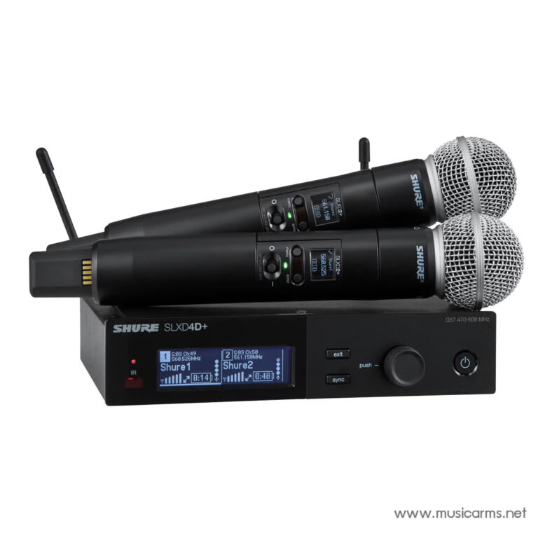 Two handheld Shure wireless microphones rest on top of a black SLXD4D+ receiver with blue display panels, part of a wireless mic system. ขายราคาพิเศษ