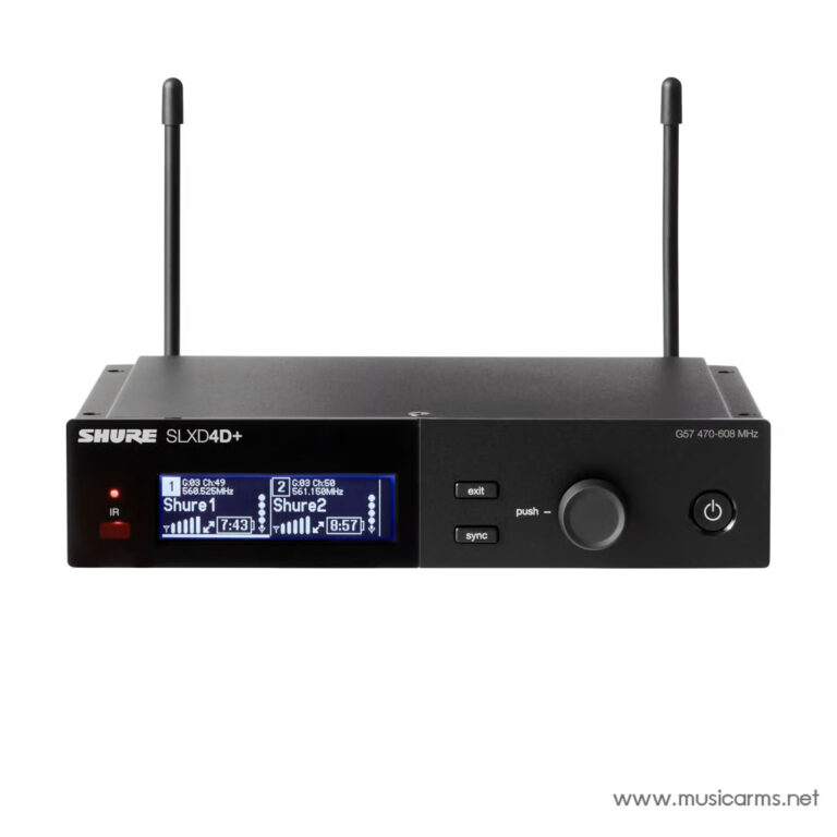 Shure SLXD4D+ wireless receiver with two antennas and a dual display panel showing two channels (Shure1 and Shure2). ขายราคาพิเศษ