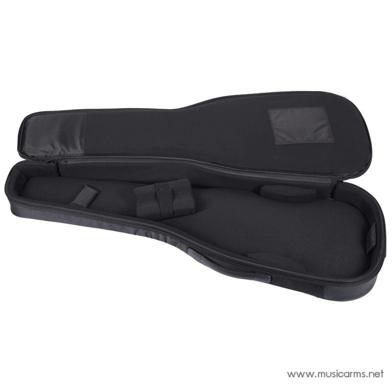 Open black guitar case, empty interior with straps and padding, laid flat on a white background. ขายราคาพิเศษ
