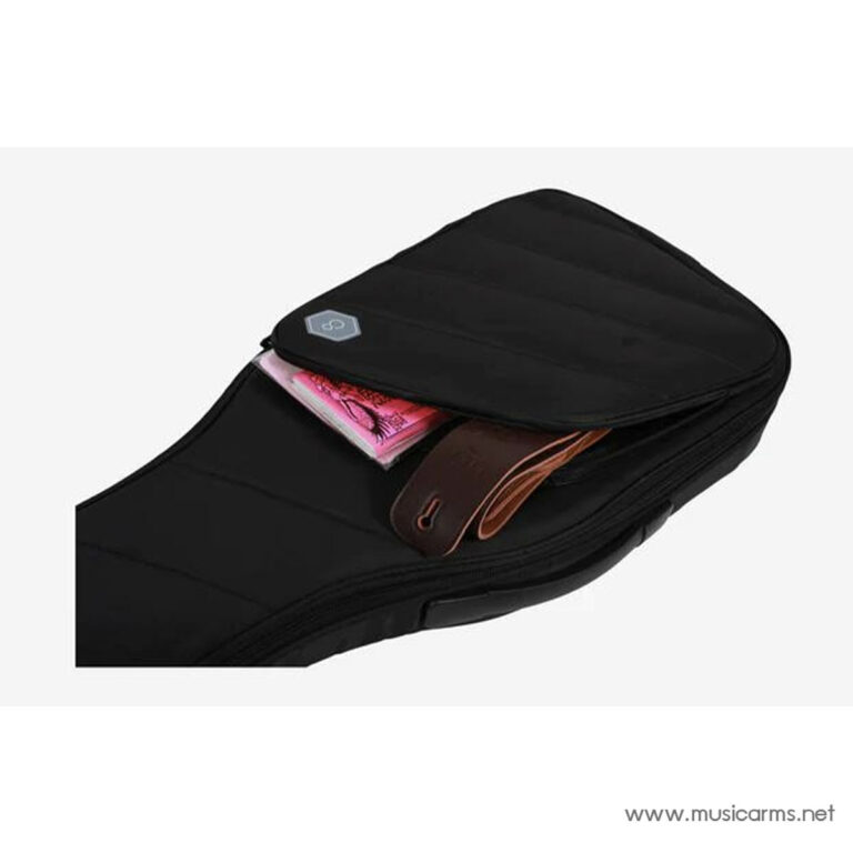 Open black guitar case showing contents in the front pocket, including pink folded money and a brown belt/strap. ขายราคาพิเศษ