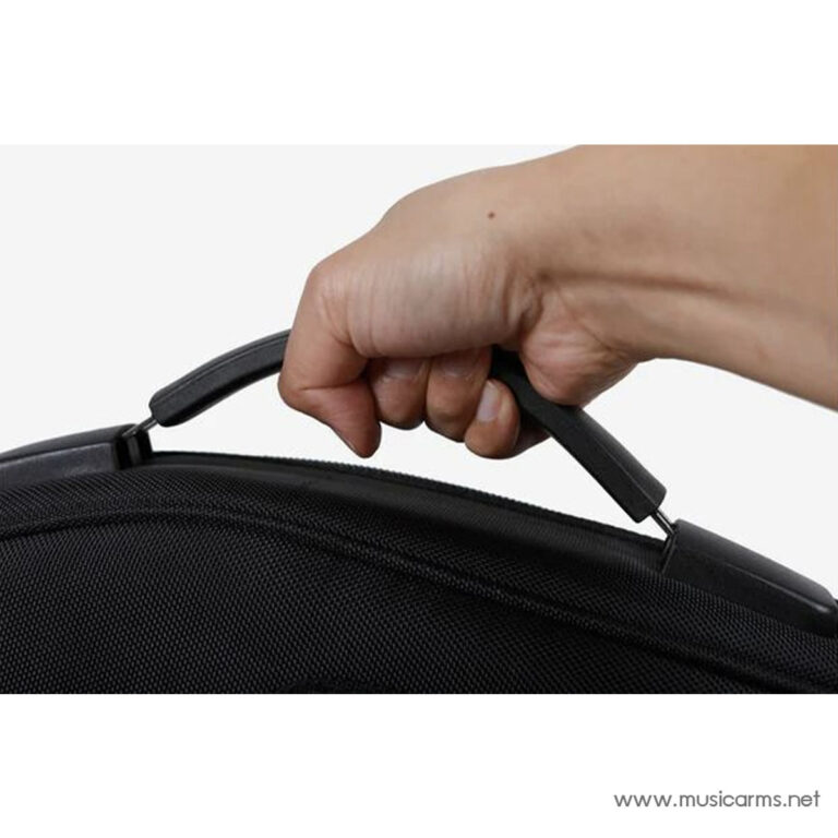 Close-up of a hand gripping the top handle of a black fabric bag being lifted. ขายราคาพิเศษ