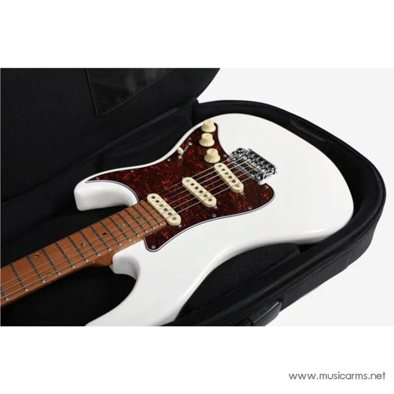 White electric guitar with a tortoise pickguard in an open black case, ready for transport or storage ขายราคาพิเศษ