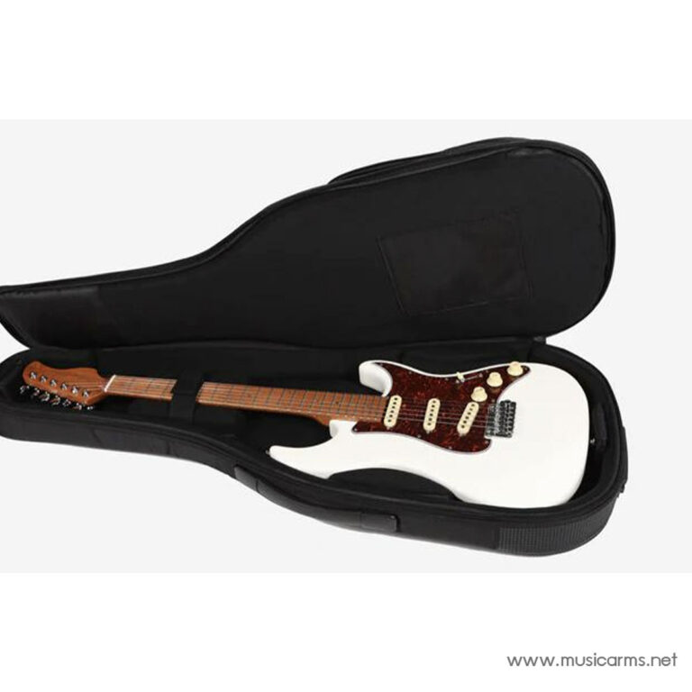 White electric guitar in an open black hard case, showing a tortoiseshell pickguard and maple neck. ขายราคาพิเศษ
