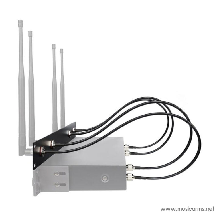 Wireless audio receiver with four external antennas and four connected cables on a silver housing. ขายราคาพิเศษ