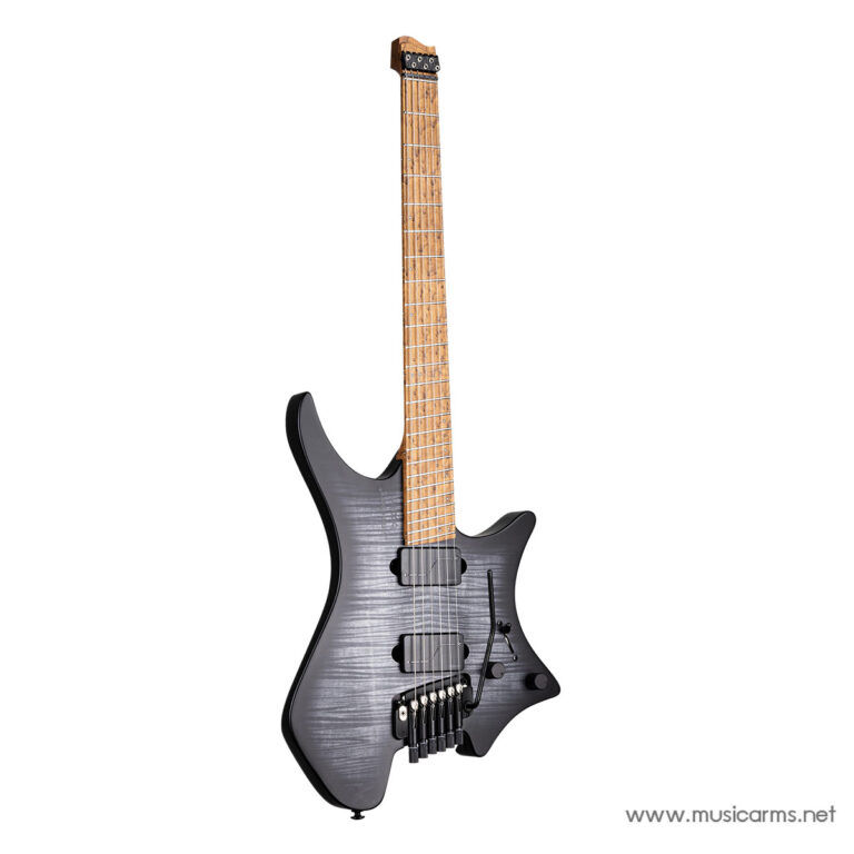 Dark gray electric guitar with a flame maple top, two humbucker pickups, and a tremolo bridge on a light background (guitar armlessly angled). ขายราคาพิเศษ