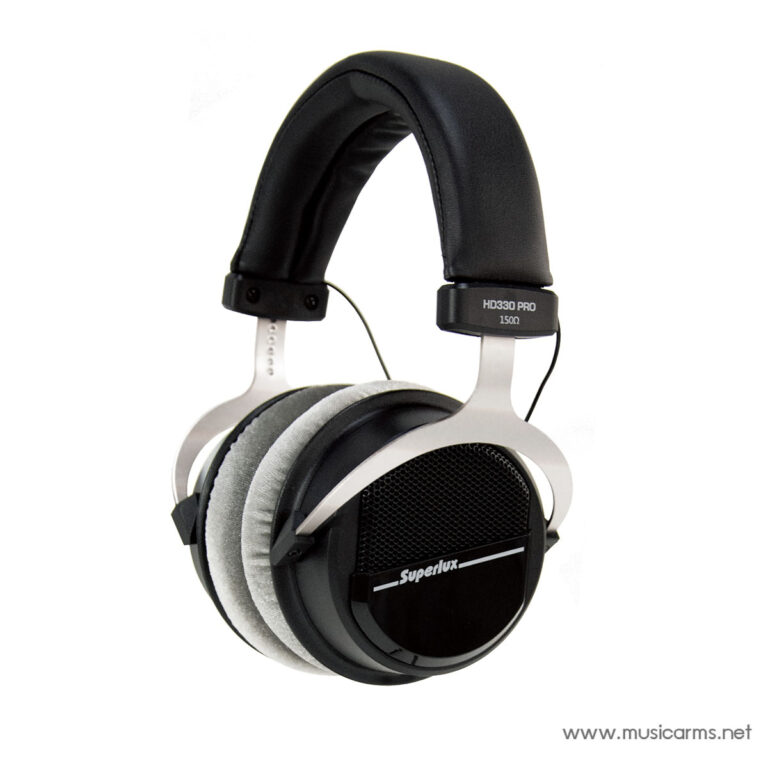 Over-ear black and silver headphones with cushioned gray ear pads and 'Superlux' logo on the ear cup. ขายราคาพิเศษ