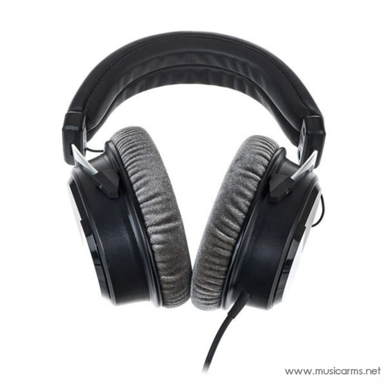 Over-ear black wired headphones with cushioned gray ear pads, shown from front-right angle. ขายราคาพิเศษ