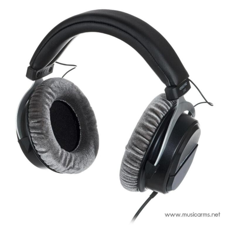 Over-ear wired headphones with a black headband and gray plush ear cushions, cable hanging from the right ear cup. ขายราคาพิเศษ