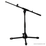 Adjustable microphone stand with a long horizontal boom arm on a three-legged base, black in color. ลดราคาพิเศษ