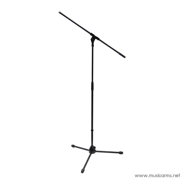 Black adjustable microphone stand with a long boom arm and a tripod base, shown against a white background, ready for use in performances or recording. ขายราคาพิเศษ