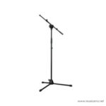Microphone stand with adjustable boom arm and tripod base viewed from the side, black in color. ลดราคาพิเศษ