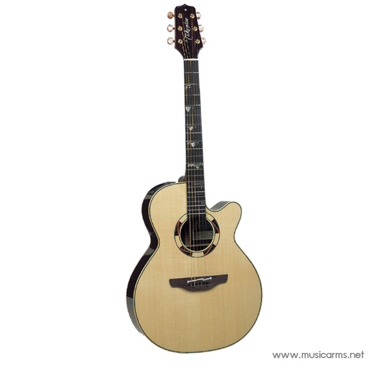 Acoustic guitar with a cutaway on a white background, showing natural wood finish and six strings; watermark in corner. ขายราคาพิเศษ