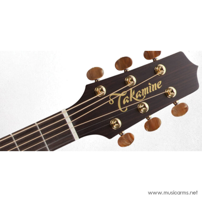 Guitar headstock with gold tuning pegs and Takamine logo on dark wood, partial fretboard visible; musicarms.net watermark bottom right. ขายราคาพิเศษ