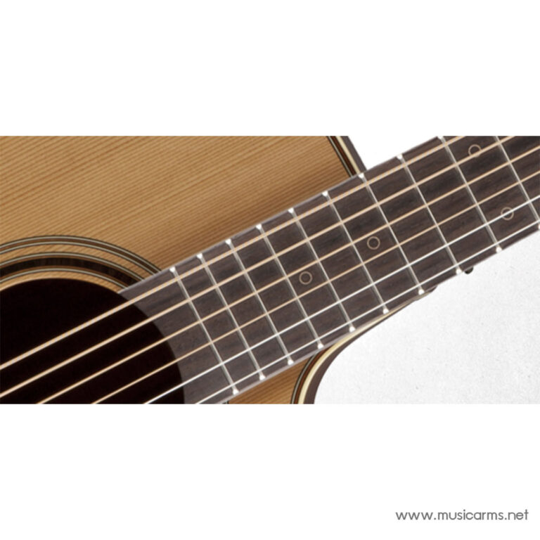 Close-up of an acoustic guitar neck showing frets, strings, and fret markers along the dark fretboard with part of the soundhole visible. ขายราคาพิเศษ