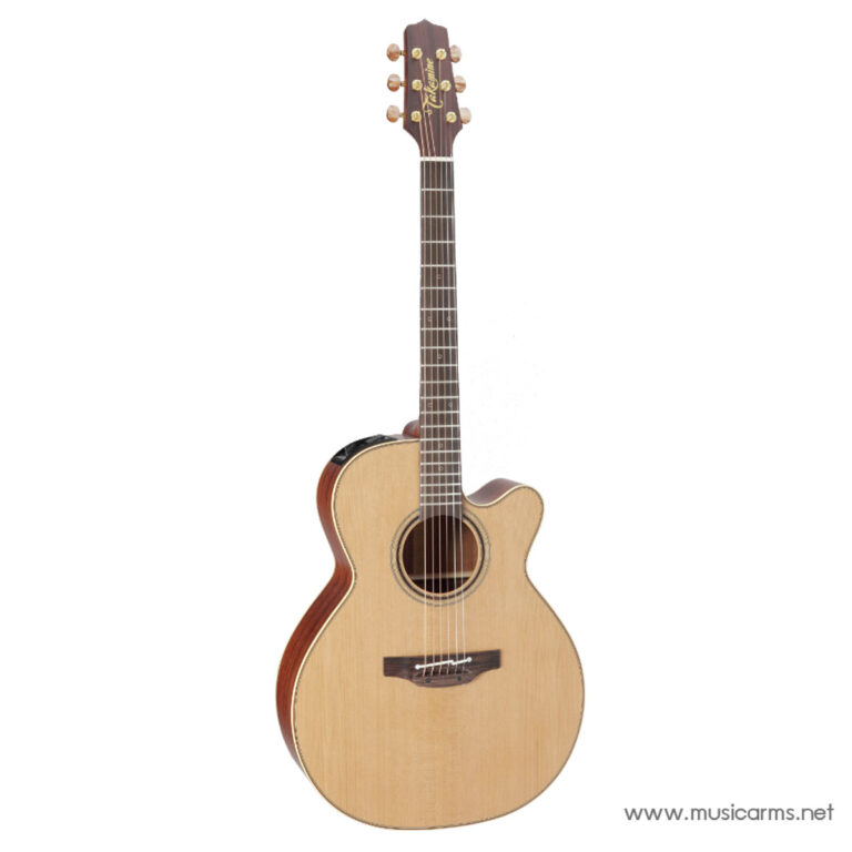 Natural-finish acoustic guitar with a cutaway, six strings, and a wooden bridge on a white background with a small logo watermark in the corner. ขายราคาพิเศษ