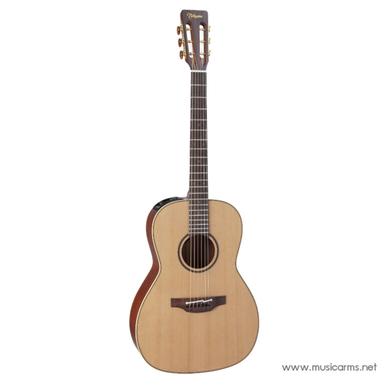 Full view of a natural-finish acoustic guitar with six strings, soundhole, and wooden bridge, standing upright on a white background. Watermark: musicarms.net in the bottom right corner. ขายราคาพิเศษ