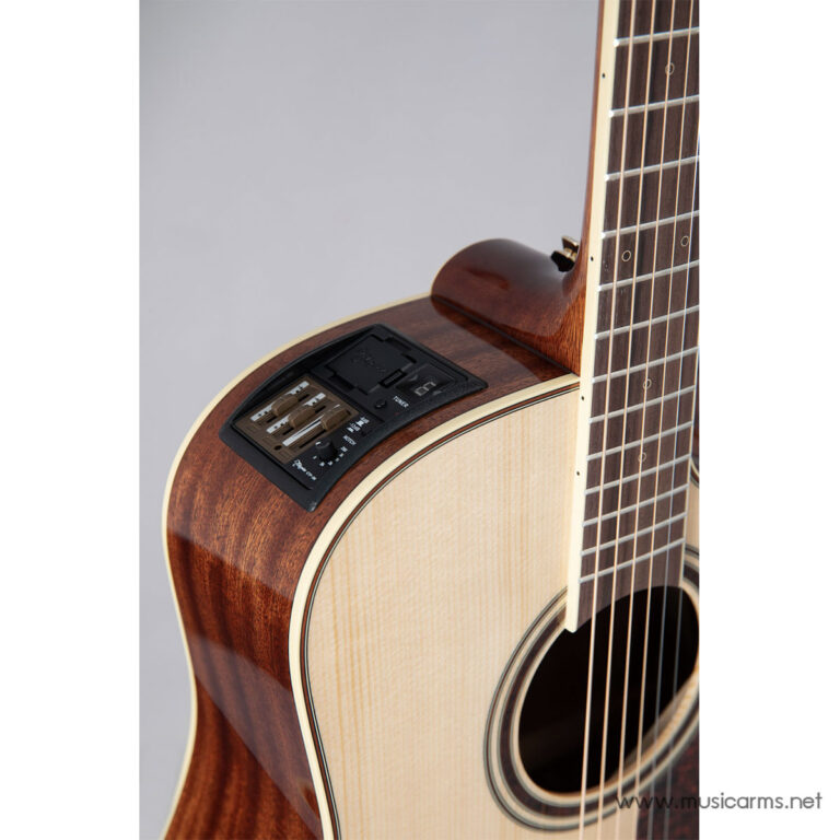 Acoustic guitar with built-in electronics panel on the side and visible strings and fretboard. ขายราคาพิเศษ