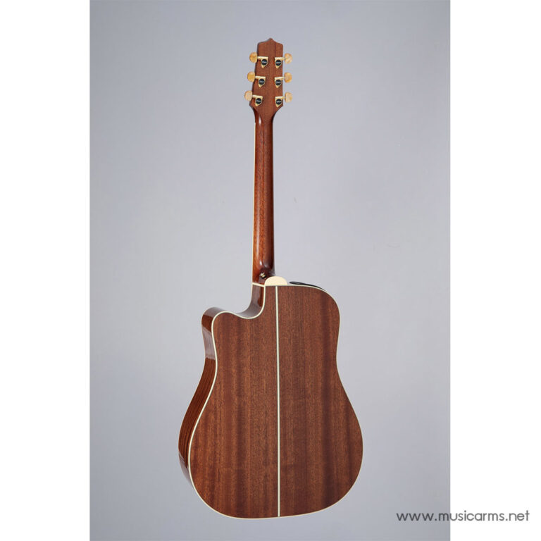Back view of a natural-wood acoustic guitar, showing the neck and back with cream binding in a vertical pose ขายราคาพิเศษ