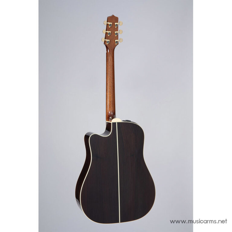 Back view of a dark brown acoustic guitar with cream binding, neck extending upward, against a gray backdrop. ขายราคาพิเศษ