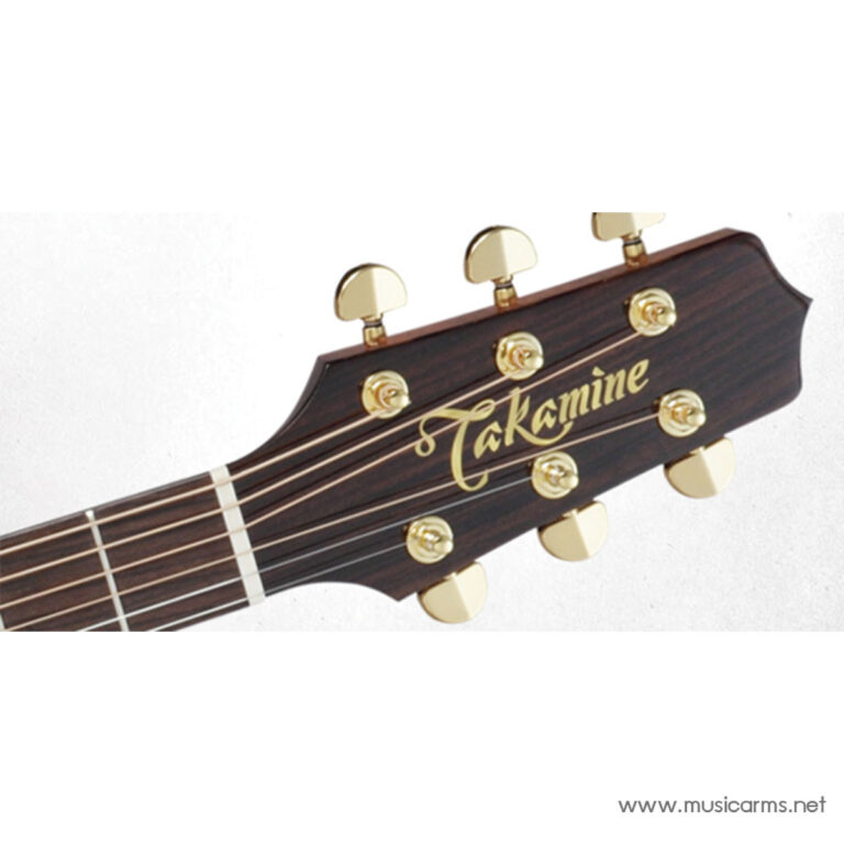 Takamine guitar headstock with gold tuning pegs on dark wood, logo visible on the headstock ขายราคาพิเศษ