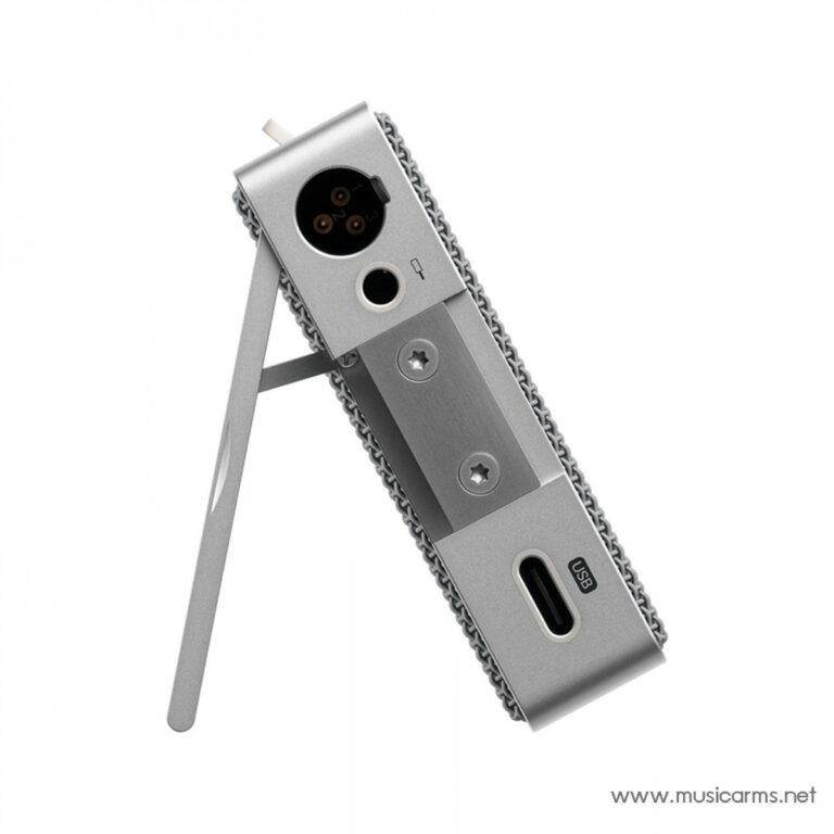 Silver metal audio accessory with a chain, showing a 3‑pin circular socket and a USB‑C port on a diagonal orientation against a white background ขายราคาพิเศษ