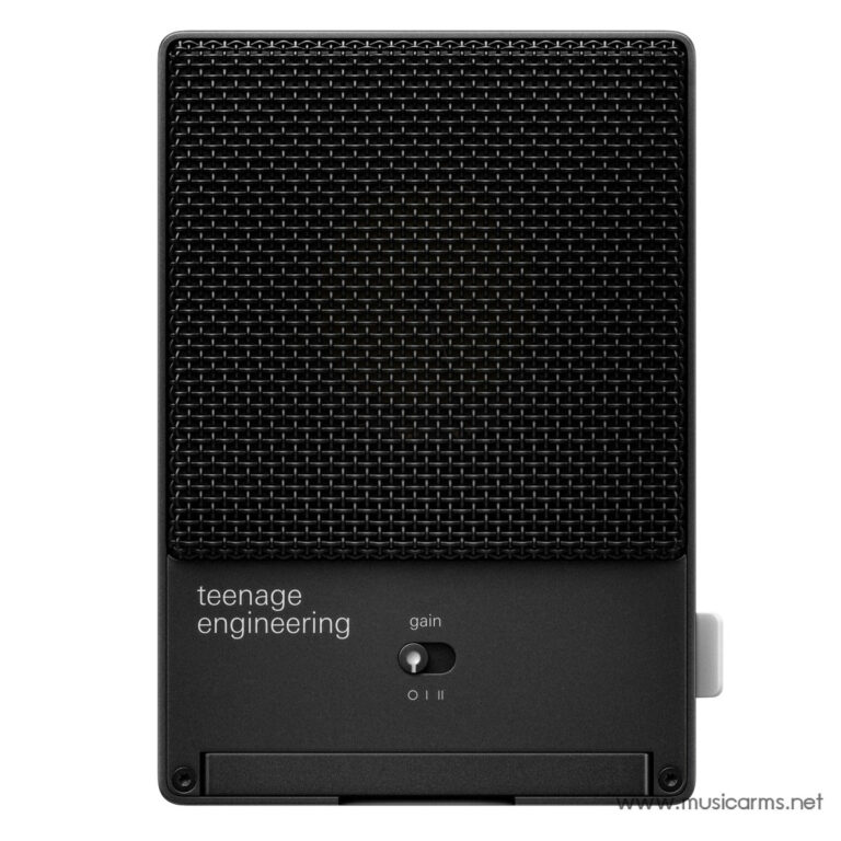 Front view of a black Teenage Engineering portable speaker with a textured grille and a small gain switch. ขายราคาพิเศษ