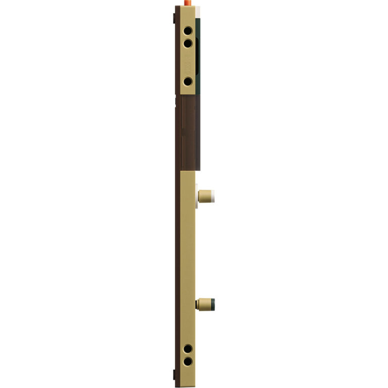 Side view of a brass door lockset mounted on a door edge, showing multiple components and knobs from top to bottom ขายราคาพิเศษ