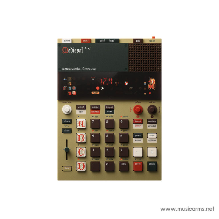 Vintage-looking electronic musical instrument with a grid of square pads, knobs, and a dark display area; medieval typography labels on top and bottom edges. ขายราคาพิเศษ