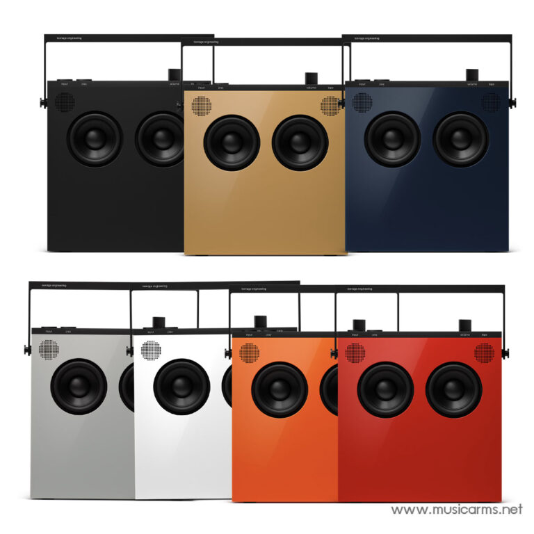Seven colorful large speaker cabinets arranged in two rows on a white background: black, gold, navy (top row) and gray, white, orange, red (bottom row), each with two large drivers and a control panel at the top edge. ขายราคาพิเศษ