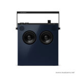 Blue portable stereo speaker with two large woofers and a black control bar along the top edge, handle visible on sides. ขายราคาพิเศษ