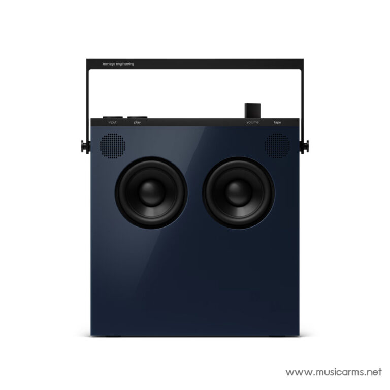 Blue portable stereo speaker with two large woofers and a black control bar along the top edge, handle visible on sides. ขายราคาพิเศษ