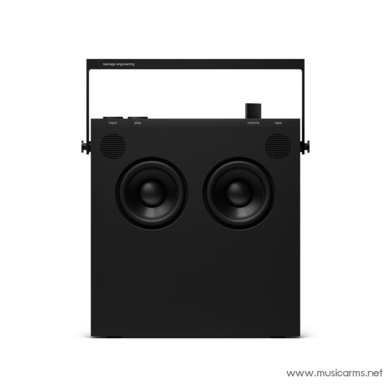 Black portable stereo speaker with two large woofer drivers and a top control panel, on a white background. ขายราคาพิเศษ