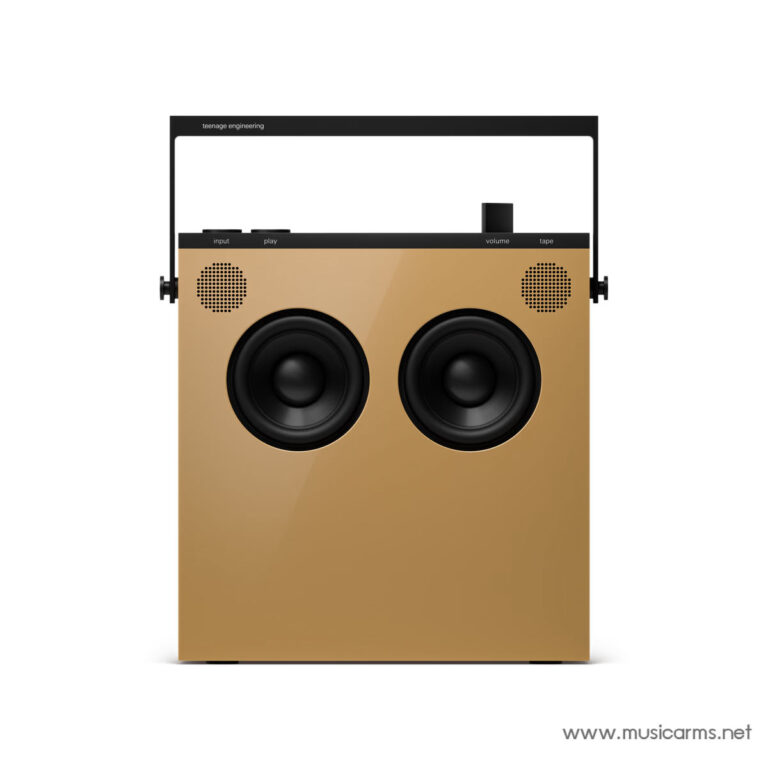 Gold-colored stereo speaker with two large black woofers and a black top control panel on a white background. ขายราคาพิเศษ