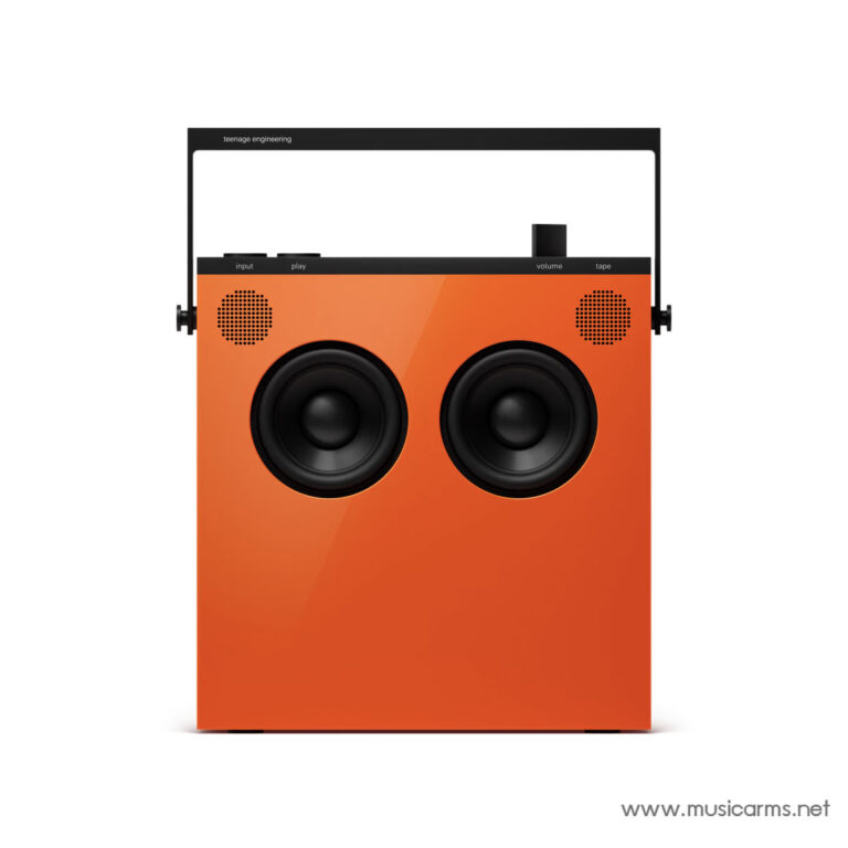 Bright orange portable speaker with two large black woofers and a black top control bar against a white background, logo watermark at bottom right. ขายราคาพิเศษ
