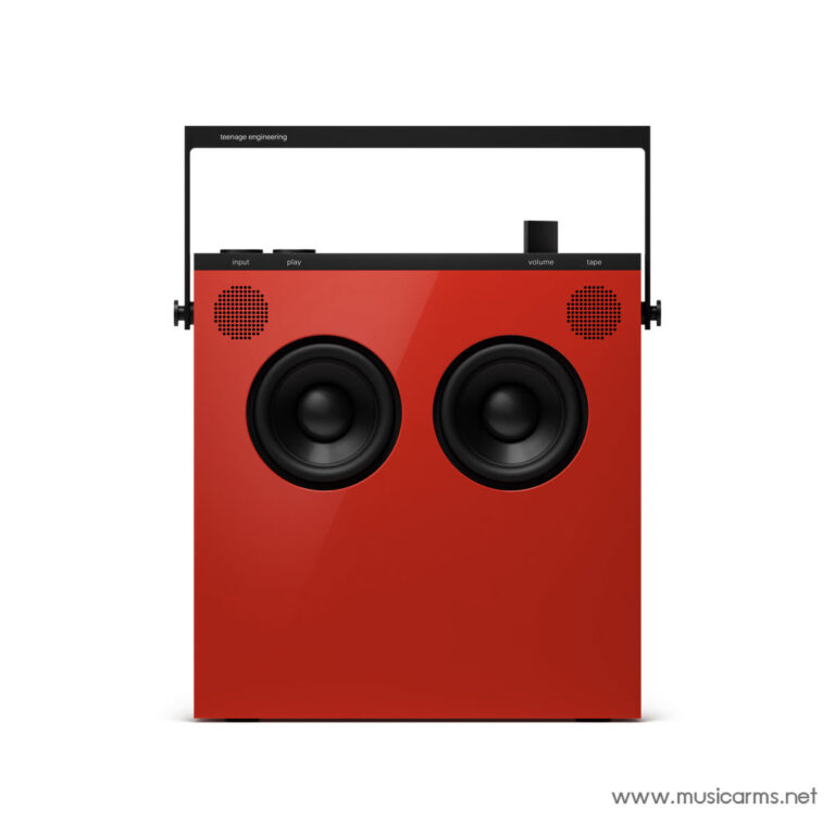 Red portable stereo speaker with two large black drivers and a dark control panel on top, set against a white background. ขายราคาพิเศษ