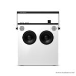 White boombox with two large black speaker drivers and a black top handle, resembling a retro stereo system. ขายราคาพิเศษ