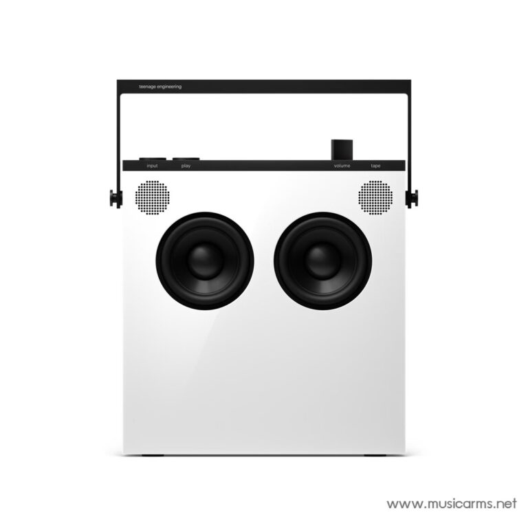 White boombox with two large black speaker drivers and a black top handle, resembling a retro stereo system. ขายราคาพิเศษ