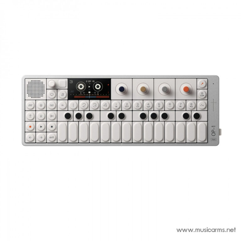 Portable OP-1 synthesizer with white keys, circular pads, knobs, and a small display on a silver body. ขายราคาพิเศษ