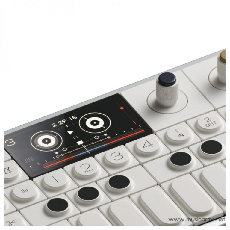 Close-up of a white portable synthesizer with a small display, circular knobs, and numbered keys along a diagonal edge. ขายราคาพิเศษ
